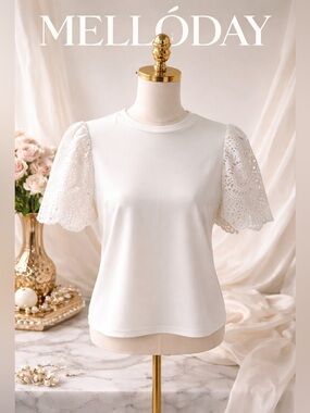 Melloday White Eyelet Puff Sleeve Top Blouse Size Medium Feminine Chic